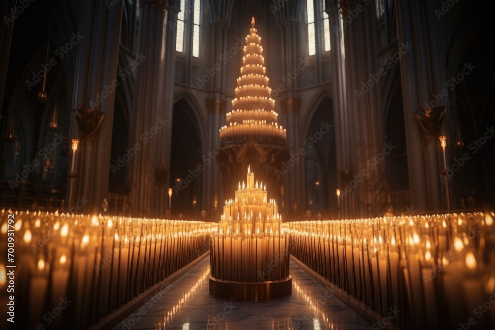 many tall burning candles in the church for ritual