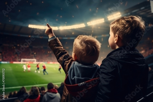fans children in the stands raised their hands, watching a football game, view from the back © yanapopovaiv