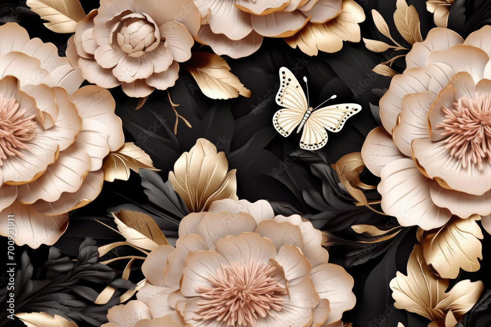 precious flowers peonies with butterflies with gilding and black leaves, 3D texture - obrazy, fototapety, plakaty 