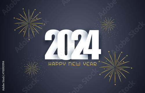 Happy New Year 2024 vector template. Golden Christmas decoration background with line art. Holiday greeting card design. Greeting concept for 2024 new year celebration