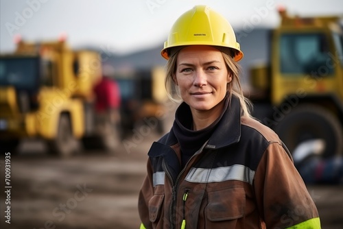 Portrait of a female construction worker on a background of construction equipment