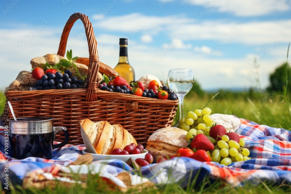 Picnic basket with food and wine in a sunny field Picnic basket with food and wine in a sunny field