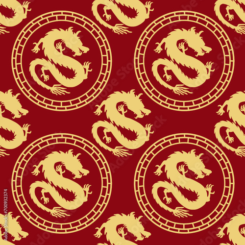 gold dragon pattern seamless on red background