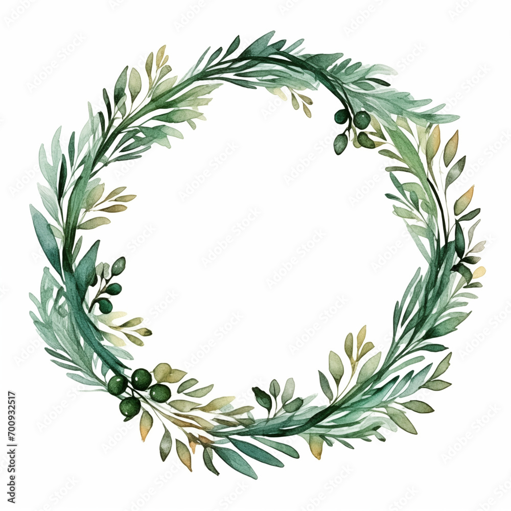 Watercolor wreath with fir, eucalyptus and dry branches. Hand painted holiday frame with plants isolated on white background. Floral illustration for design, print, fabric or background.