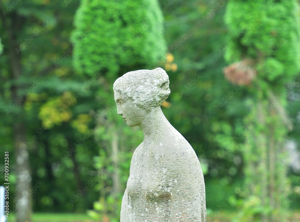 Detail of the head of a decorative stone sculpture in a garden park