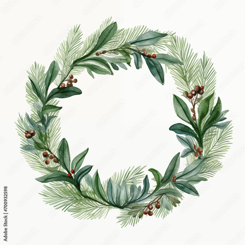 Watercolor wreath with fir, eucalyptus and dry branches. Hand painted holiday frame with plants isolated on white background. Floral illustration for design, print, fabric or background.