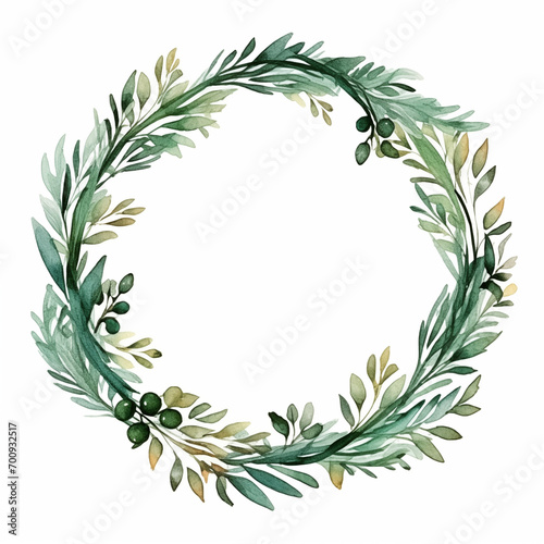 Watercolor wreath with fir  eucalyptus and dry branches. Hand painted holiday frame with plants isolated on white background. Floral illustration for design  print  fabric or background.