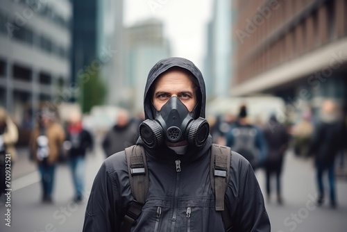 Portrait of a man wearing a gas mask on a city street