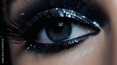 Gold glitter makeup, dazzlingly vibrant and irresistibly shimmering against a deep, sparkling black background photo