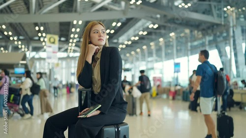 Asian businesswoman looking flight schedule on timetable and go to check-in and boarding gate in airport terminal. Business people working with travel by airplane transportation on holiday vacation. photo