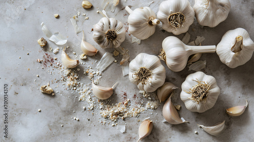 Garlic cloves and garlic bulb on white marble background, top view © Argun Stock Photos