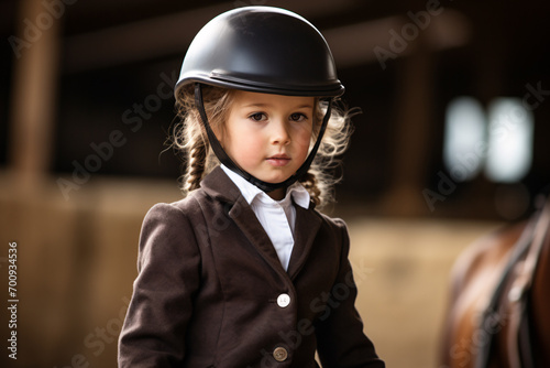 Young girl child in horse riding clothes in riding hall or stable