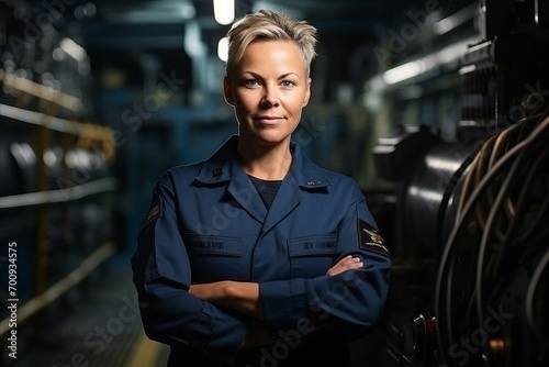 Portrait of a confident female engineer standing with arms crossed in a factory © Nerea