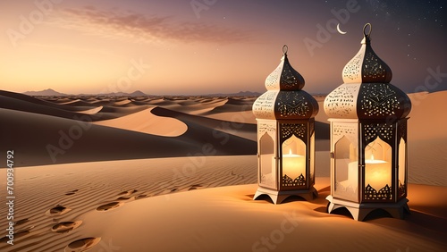 Ramadan Lantern, Mosque and Crescent Moon Decoration Background 3d Render. Generative AI. © Janis