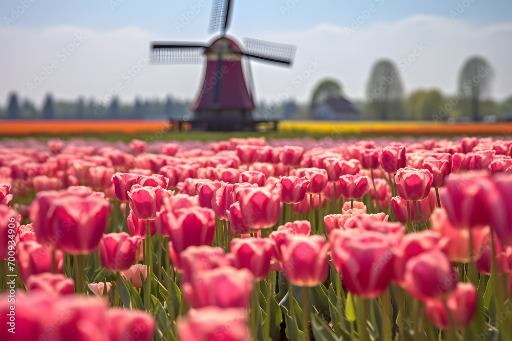 Beautiful field with pink tulip spring flowers and blurry dutch windmill in background