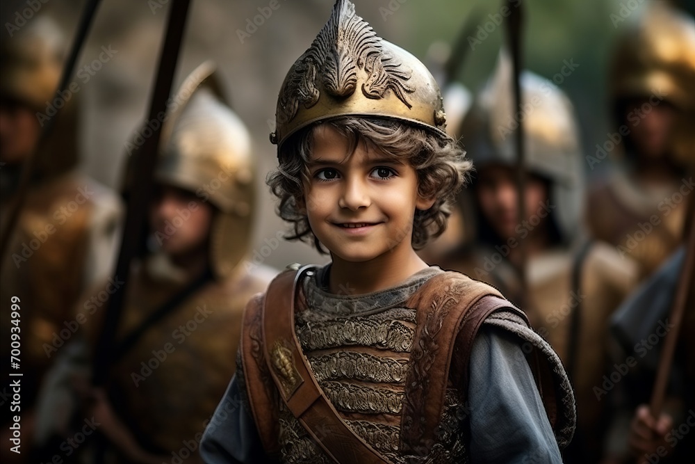 Portrait of a boy dressed as a medieval knight with a helmet Portrait of a boy dressed as a medieval knight with a helmet
