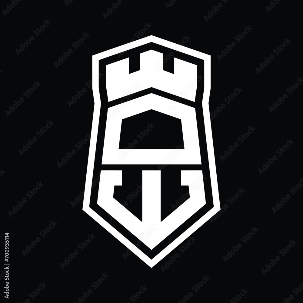 DW Letter Logo monogram hexagon shield shape up and down with crown castle isolated style design DW Letter Logo monogram hexagon shield shape up and down with crown castle isolated style design