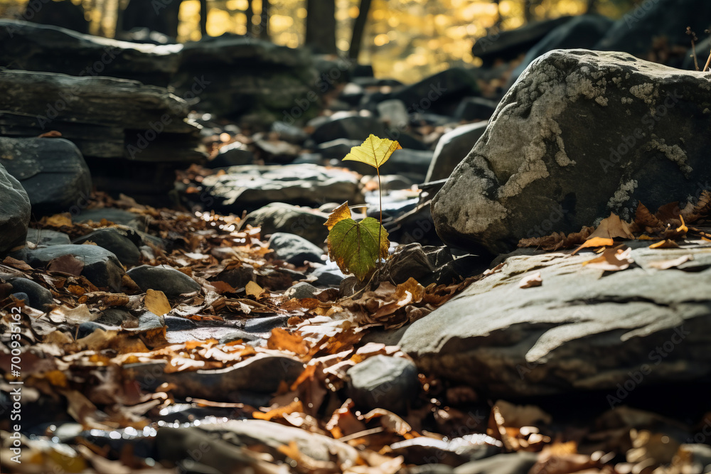 Close up photograph of autumn leaves covering a mountain path, eye level view of the ground