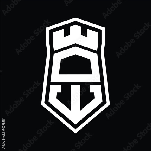 DW Letter Logo monogram hexagon shield shape up and down with crown castle isolated style design