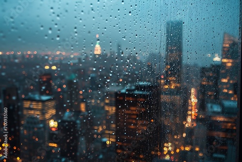rain water droplets on the glass window with the view of city skyline