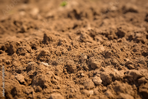 Close up photograph of tilled soil, eye level view of the ground