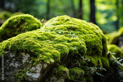 Close up photograph of green moss over a large stone, eye level view of the ground