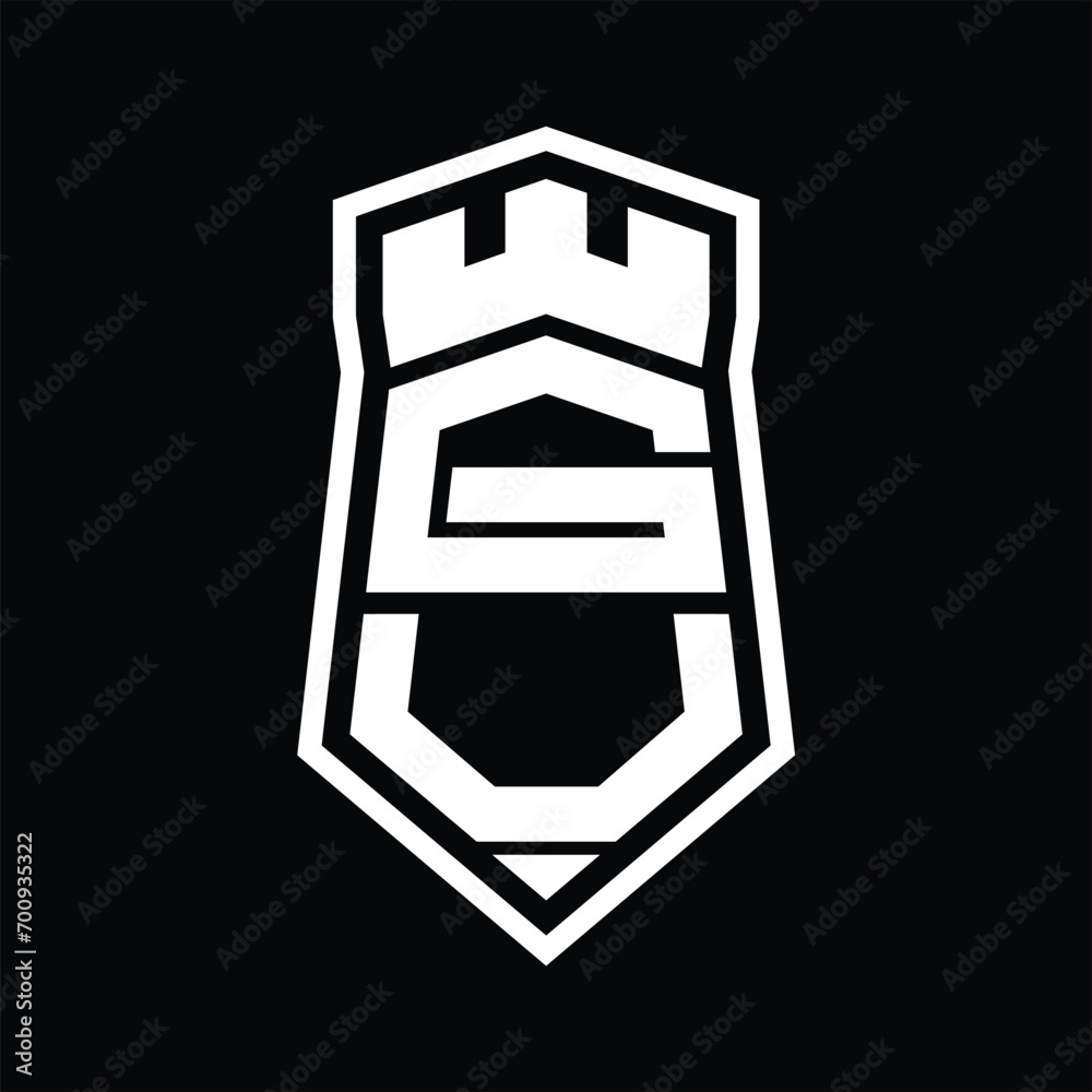 GU Letter Logo monogram hexagon shield shape up and down with crown castle isolated style design GU Letter Logo monogram hexagon shield shape up and down with crown castle isolated style design