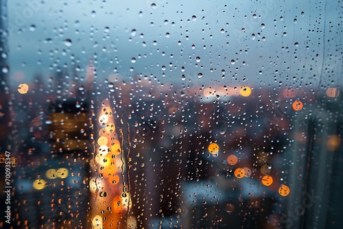 rain water droplets on the glass window with the view of city skyline