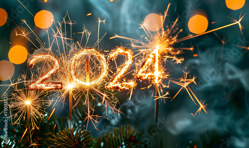 bougie fontaine à étincelle ou cierge magique brûlant avec des étincelles dorées pour former la date 2024, pour le nouvel an et les célébrations de la nouvelle année