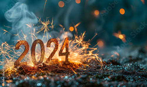 date de la nouvelle année 2024 brillante et étincelante en paillette ou étincelles de cierge magique ou bougie fontaine à étincelle en train de s'éteindre dans la fumée. Nouvel an