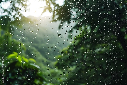 Green forest plants view from the glass window with rainwater droplets © DailyLifeImages