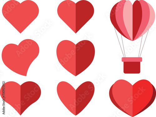 Flat heart shapes collection with a heart shaped hot air balloon. Valentine assets for greetings and postcard designs. Concept of love and romance