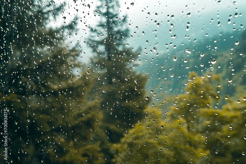 Green forest plants view from the glass window with rainwater droplets