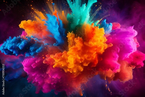 Colored powder explosion Abstract closeup dust on backdrop