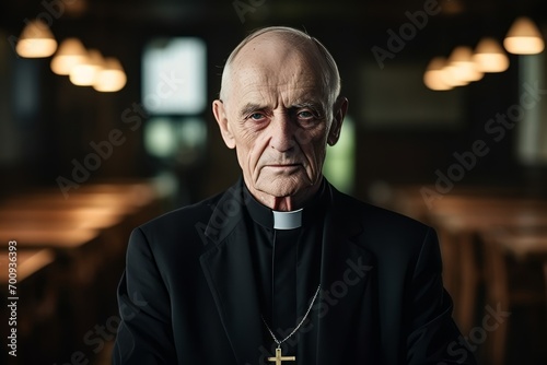 Portrait of a senior catholic priest in a church, looking at camera.