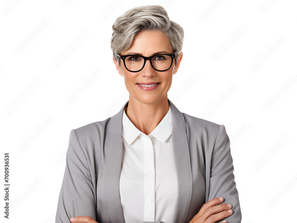 confident caucasian woman smiling in professional attire isolated on transparent background