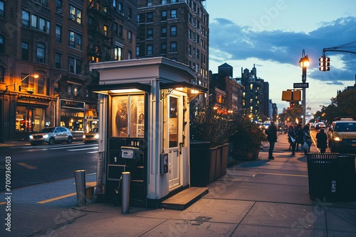 timeless photo showcasing the exterior of a classic photo booth in a busy urban setting, capturing the nostalgia and simplicity of this iconic form of entertainment. Minimalistic p
