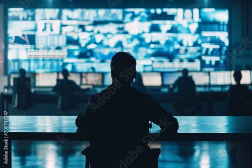 composed photo showcasing a security guard monitoring surveillance screens in a sleek and minimalistic control room, emphasizing the efficiency and precision of modern security sys