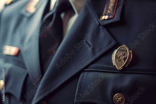 close-up photo highlighting the details of a security guard's badge and uniform accessories, creating a minimalist portrait that communicates professionalism and attention to detai