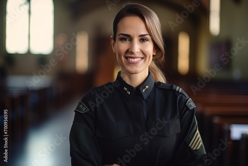 Portrait of an attractive female police officer standing in a church. photo