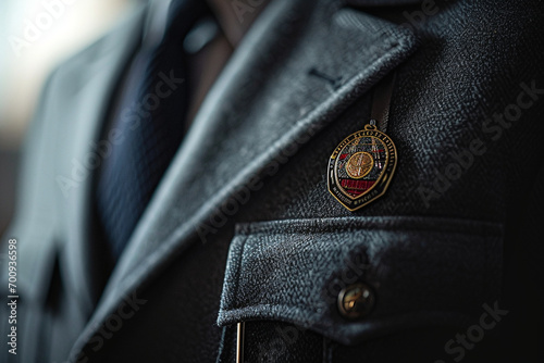 close-up photo highlighting the details of a security guard's badge and uniform accessories, creating a minimalist portrait that communicates professionalism and attention to detai