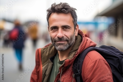Portrait of a smiling middle-aged man with a backpack in the city