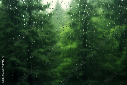 Green forest plants view from the glass window with rainwater droplets