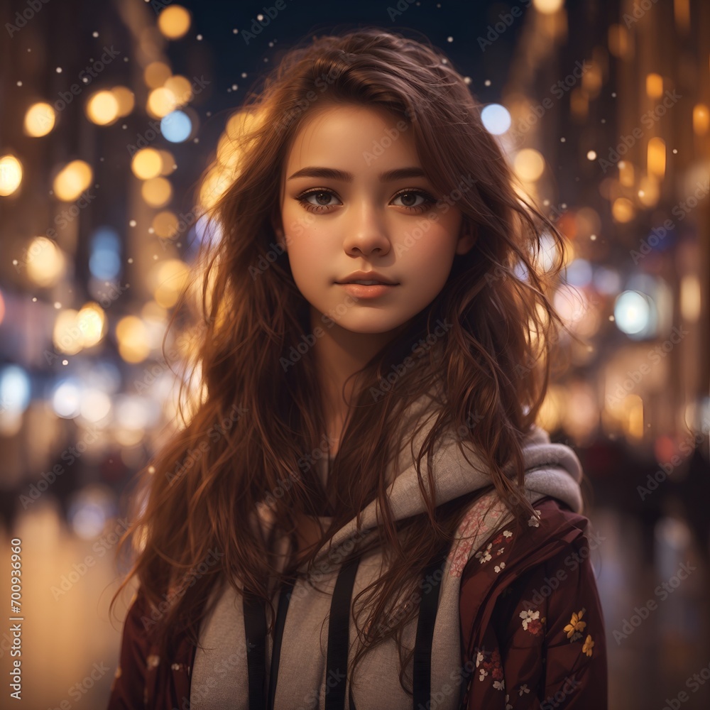 A portrait of a cute girl on a street