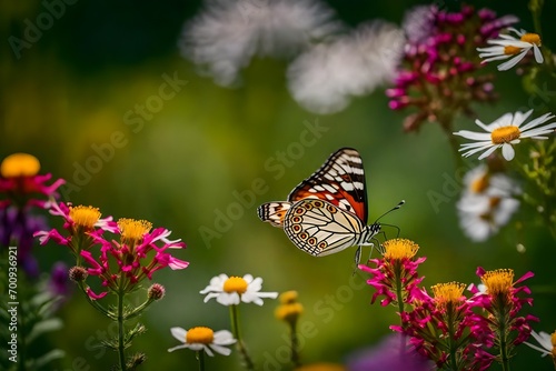 Shoot a close-up of a butterfly amidst a garden of blooming wildflowers. © V.fang