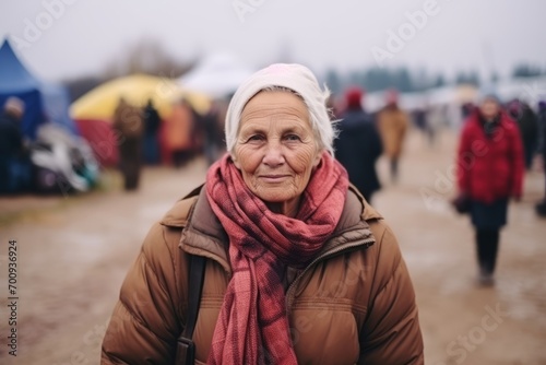 Portrait of an elderly woman at the flea market in winter