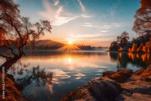 panoramic view of the stunning sunrise over the lake.