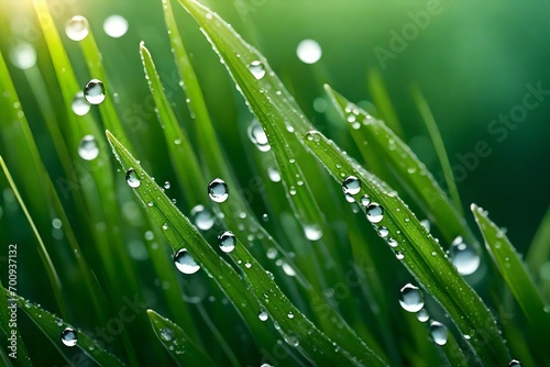Dewdrops on blades of grass in the morning.