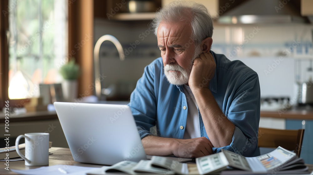 a Retired senior man Facing Financial Challenges: Serious Expression While Reviewing debt Bills and Laptop Indoors. Tax issues, mortgage, foreclosure, penalties and late fees concept - obrazy, fototapety, plakaty 