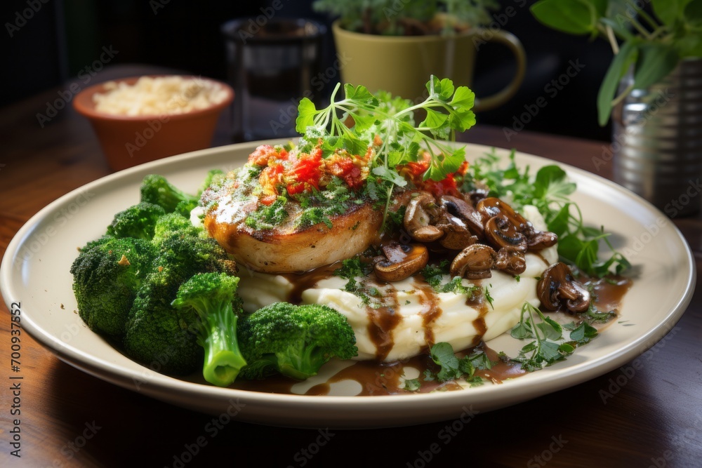 juicy pork chops, drenched in a luscious creamy mushroom sauce, elegantly presented on a pristine, white plate in a cozy. Generative ai
juicy pork chops, drenched in a luscious creamy mushroom sauce, elegantly presented on a pristine, white plate in a cozy. Generative ai